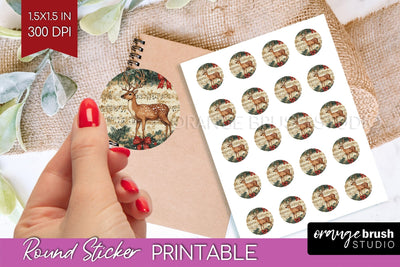 Christmas Deer Round Sticker - Printable Sticker Sheet Sublimation OrangeBrushStudio 