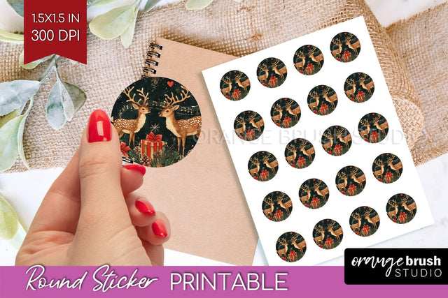 Christmas Deer Round Sticker - Printable Sticker Sheet Sublimation OrangeBrushStudio 