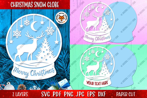 Christmas Deer Snow Globe SVG, Merry Christmas Paper Cut 3D Paper Digital Craftyfox 