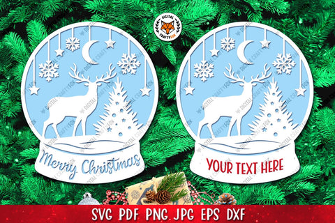 Christmas Deer Snow Globe SVG, Merry Christmas Paper Cut 3D Paper Digital Craftyfox 