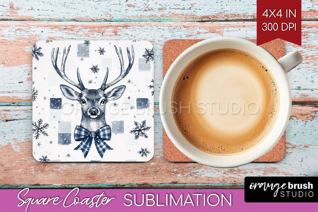 Christmas Deer Square Coaster PNG, Vintage Christmas Coaster Sublimation OrangeBrushStudio 