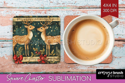 Christmas Deer Square Coaster PNG, Vintage Christmas Coaster Sublimation OrangeBrushStudio 