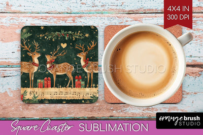 Christmas Deer Square Coaster PNG, Vintage Christmas Coaster Sublimation OrangeBrushStudio 