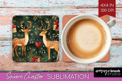 Christmas Deer Square Coaster PNG, Vintage Christmas Coaster Sublimation OrangeBrushStudio 