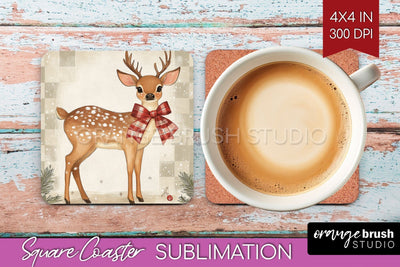 Christmas Deer Square Coaster PNG, Vintage Christmas Coaster Sublimation OrangeBrushStudio 