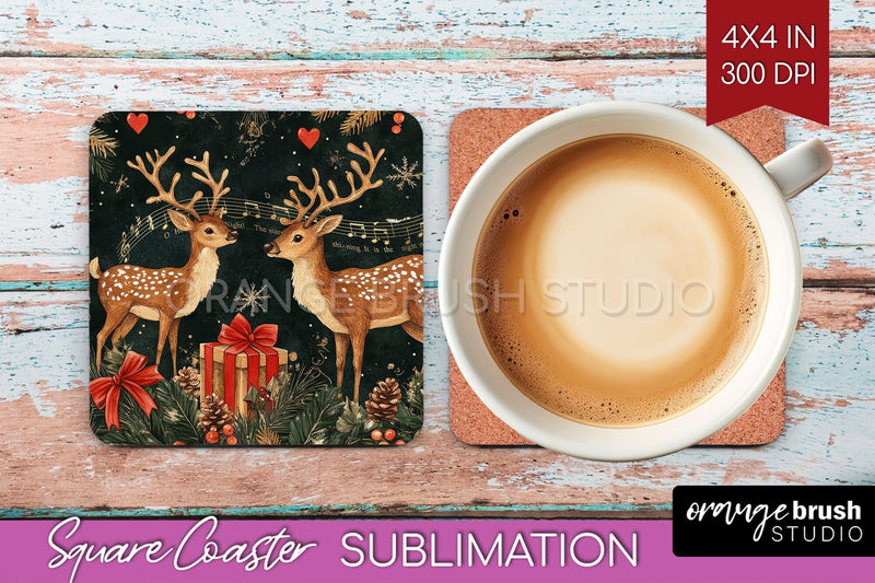 Christmas Deer Square Coaster PNG, Vintage Christmas Coaster Sublimation OrangeBrushStudio 