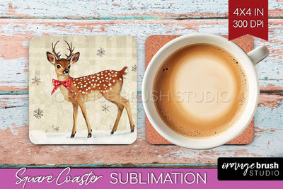 Christmas Deer Square Coaster PNG, Vintage Christmas Coaster Sublimation OrangeBrushStudio 