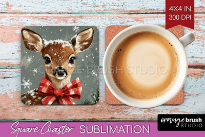 Christmas Deer Square Coaster PNG, Vintage Christmas Coaster Sublimation OrangeBrushStudio 