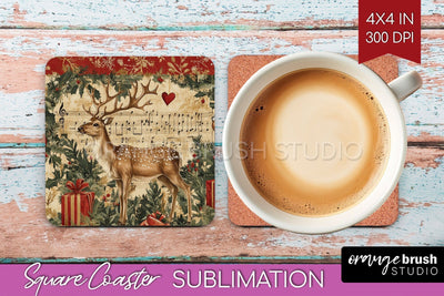 Christmas Deer Square Coaster PNG, Vintage Christmas Coaster Sublimation OrangeBrushStudio 