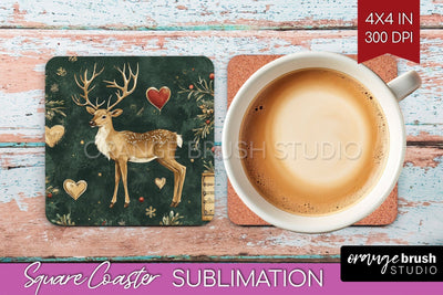 Christmas Deer Square Coaster PNG, Vintage Christmas Coaster Sublimation OrangeBrushStudio 