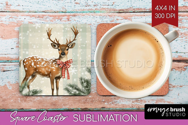 Christmas Deer Square Coaster PNG, Vintage Christmas Coaster Sublimation OrangeBrushStudio 