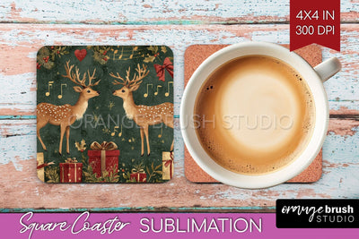 Christmas Deer Square Coaster PNG, Vintage Christmas Coaster Sublimation OrangeBrushStudio 