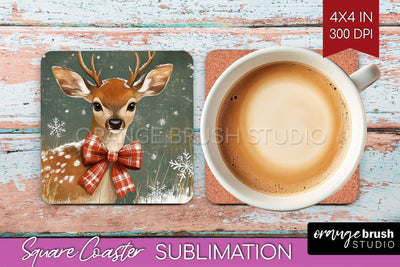 Christmas Deer Square Coaster PNG, Vintage Christmas Coaster Sublimation OrangeBrushStudio 