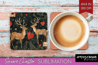 Christmas Deer Square Coaster PNG, Vintage Christmas Coaster Sublimation OrangeBrushStudio 