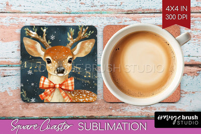 Christmas Deer Square Coaster PNG, Vintage Christmas Coaster Sublimation OrangeBrushStudio 