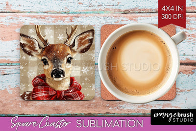 Christmas Deer Square Coaster PNG, Vintage Christmas Coaster Sublimation OrangeBrushStudio 