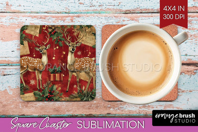 Christmas Deer Square Coaster PNG, Vintage Christmas Coaster Sublimation OrangeBrushStudio 