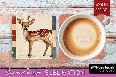 Christmas Deer Square Coaster PNG, Vintage Christmas Coaster Sublimation OrangeBrushStudio 