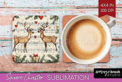 Christmas Deer Square Coaster PNG, Vintage Christmas Coaster Sublimation OrangeBrushStudio 