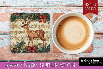 Christmas Deer Square Coaster PNG, Vintage Christmas Coaster Sublimation OrangeBrushStudio 