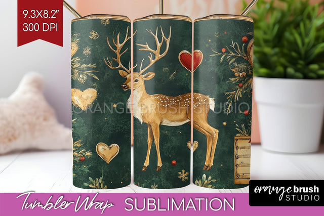 Christmas Deer Tumbler Wrap - Vintage Christmas Tumbler PNG Sublimation OrangeBrushStudio 