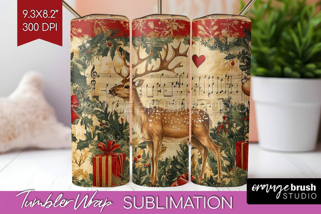 Christmas Deer Tumbler Wrap - Vintage Christmas Tumbler PNG Sublimation OrangeBrushStudio 