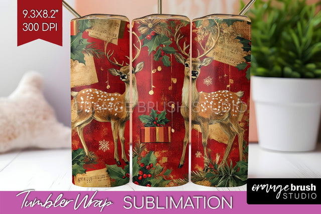 Christmas Deer Tumbler Wrap - Vintage Christmas Tumbler PNG Sublimation OrangeBrushStudio 