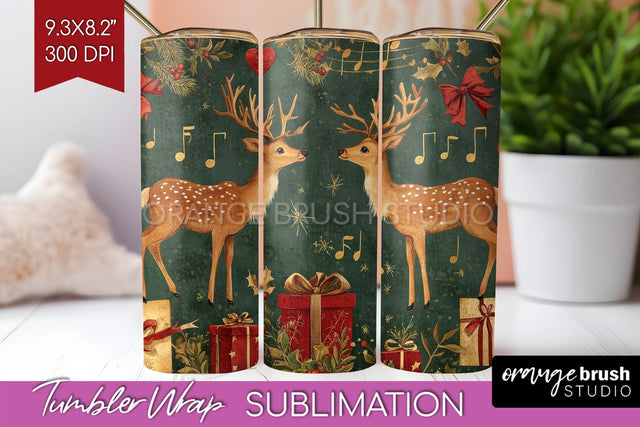 Christmas Deer Tumbler Wrap - Vintage Christmas Tumbler PNG Sublimation OrangeBrushStudio 
