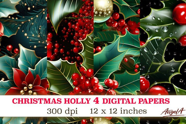 Christmas digital papers, 3d flower holly berry holly leaves Digital Pattern Angelina Semenova 