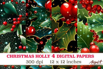 Christmas digital papers / 3d flower / holly berry leaves Digital Pattern Angelina Semenova 