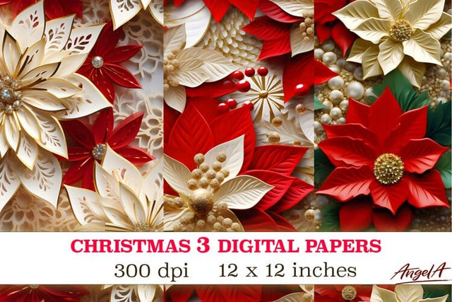 Christmas digital papers / 3d poinsettia flowers pattern Digital Pattern Angelina Semenova 