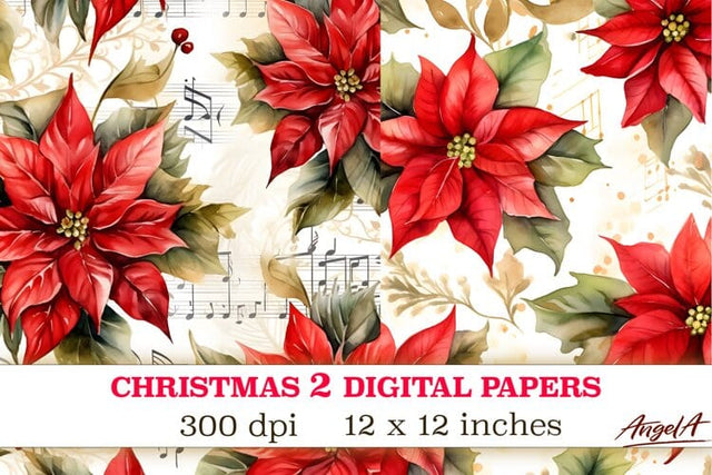 Christmas digital papers / poinsettia, musical notes Digital Pattern Angelina Semenova 