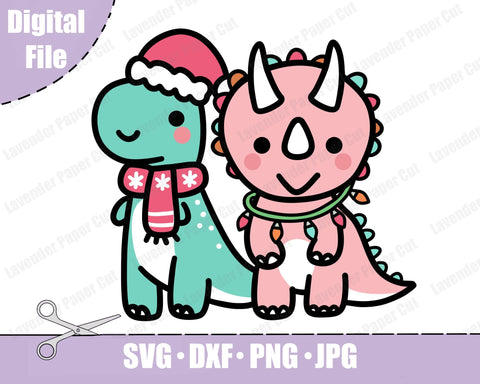 Christmas Dinosaur Couple, Kawaii Dino, Holiday Dinosaur, Dino Couple, T Rex and Triceratops, Cute Dinos, SVG, PNG, JPG, Clipart, Layered SVG Lavender Paper Cut 