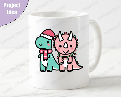 Christmas Dinosaur Couple, Kawaii Dino, Holiday Dinosaur, Dino Couple, T Rex and Triceratops, Cute Dinos, SVG, PNG, JPG, Clipart, Layered SVG Lavender Paper Cut 