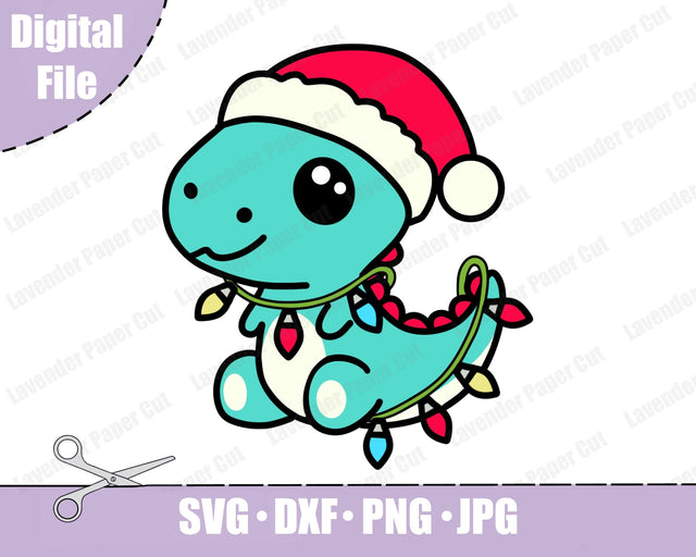 Christmas Dinosaur, Santa Dino, Holiday T Rex SVG, PNG, Sublimation, Clipart, Dinosaur Christmas Lights SVG Lavender Paper Cut 