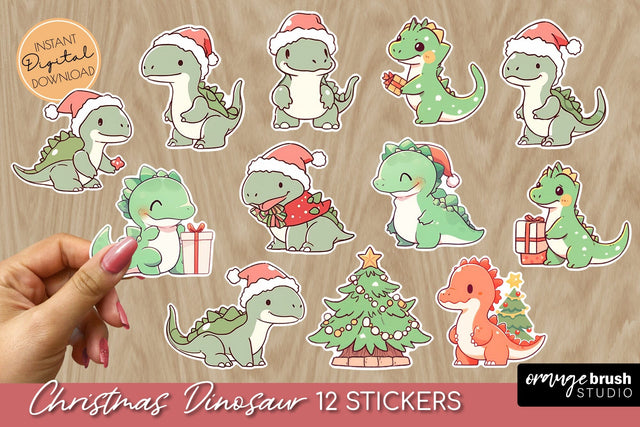Christmas Dinosaur Stickers PNG, Printable Sticker Sheet Sublimation OrangeBrushStudio 