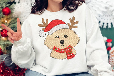 Christmas Dog Embroidery Design, Cute Puppy with Reindeer Antlers Machine Embroidery File, Goldendoodle Santa Hat Applique, Xmas Dog Embroidery/Applique DESIGNS DesignDestine 