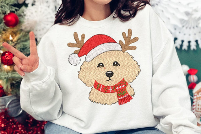 Christmas Dog Embroidery Design, Cute Puppy with Reindeer Antlers Machine Embroidery File, Goldendoodle Santa Hat Applique, Xmas Dog Embroidery/Applique DESIGNS DesignDestine 