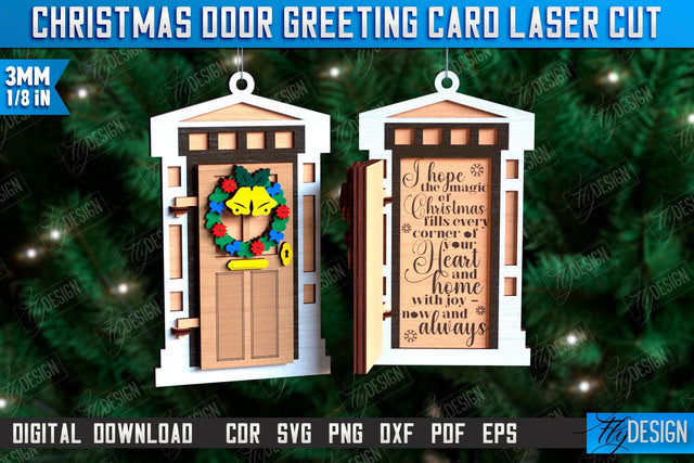 Christmas Door Greeting Card Laser Cut, Wooden Christmas Door Ornament SVG, Christmas Tree Toy Decorations, Personalized Greeting Card SVG Fly Design 