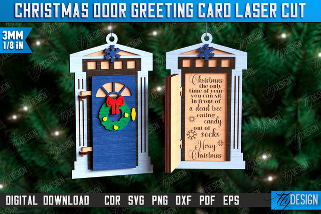 Christmas Door Greeting Card Laser Cut, Wooden Christmas Door Ornament SVG, Christmas Tree Toy Decorations, Personalized Greeting Card SVG Fly Design 