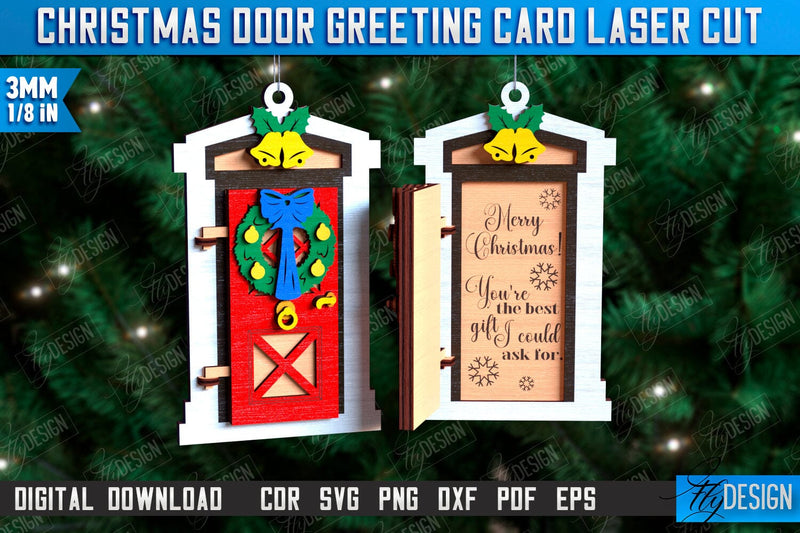 Christmas Door Greeting Card Laser Cut, Wooden Christmas Door Ornament SVG, Christmas Tree Toy Decorations, Personalized Greeting Card SVG Fly Design 