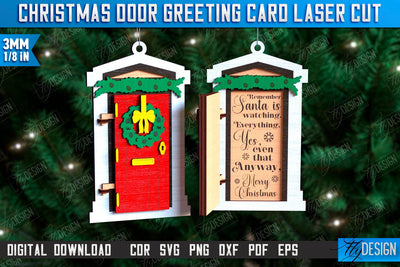 Christmas Door Greeting Card Laser Cut, Wooden Christmas Door Ornament SVG, Christmas Tree Toy Decorations, Personalized Greeting Card SVG Fly Design 