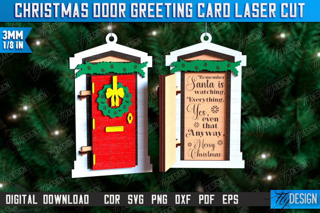 Christmas Door Greeting Card Laser Cut, Wooden Christmas Door Ornament SVG, Christmas Tree Toy Decorations, Personalized Greeting Card SVG Fly Design 