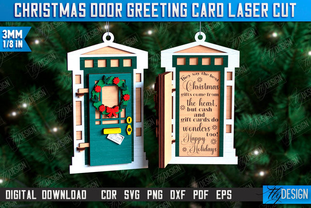 Christmas Door Greeting Card Laser Cut, Wooden Christmas Door Ornament SVG, Christmas Tree Toy Decorations, Personalized Greeting Card SVG Fly Design 