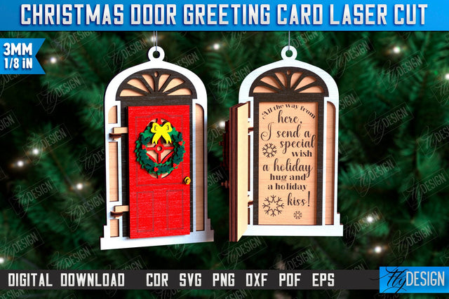 Christmas Door Greeting Card Laser Cut, Wooden Christmas Door Ornament SVG, Christmas Tree Toy Decorations, Personalized Greeting Card SVG Fly Design 