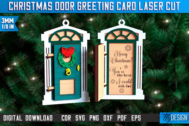 Christmas Door Greeting Card Laser Cut, Wooden Christmas Door Ornament SVG, Christmas Tree Toy Decorations, Personalized Greeting Card SVG Fly Design 