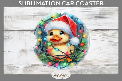 Christmas Duck Entangled in Lights Car Coaster Sublimation Sublimation Sintegra 