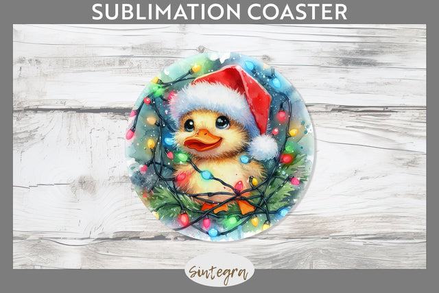 Christmas Duck Entangled in Lights Round Coaster Sublimation Sublimation Sintegra 
