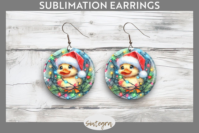 Christmas Duck Entangled in Lights Round Earrings Sublimation Sublimation Sintegra 