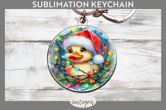 Christmas Duck Entangled in Lights Round Keychain Sublimation Sublimation Sintegra 